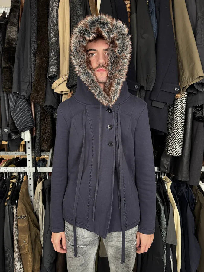 2000s Marithé + François Girbaud Navy Fur Hooded Cardigan Jacket PEdSVtq 1