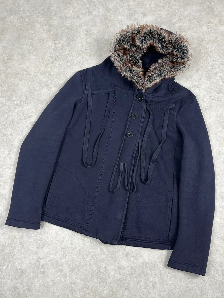 2000s Marithé + François Girbaud Navy Fur Hooded Cardigan Jacket PEdSVtq 3