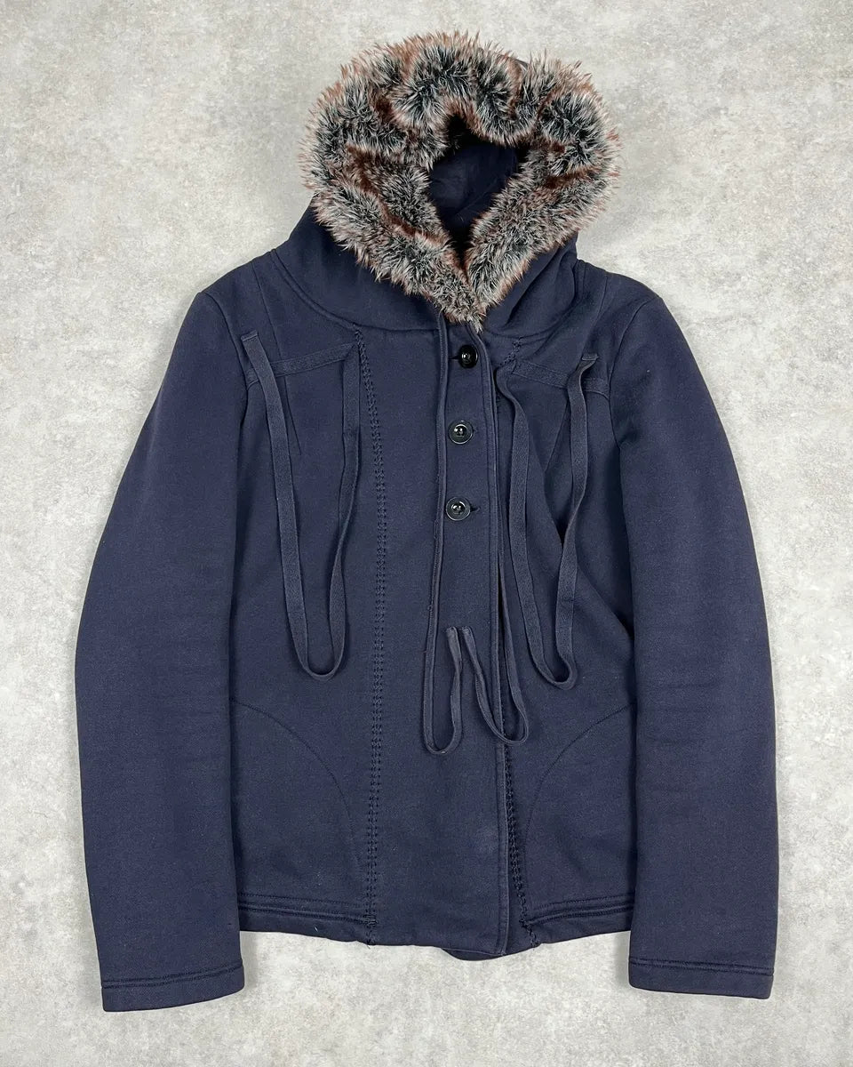 2000s Marithé + François Girbaud Navy Fur Hooded Cardigan Jacket PEdSVtq 0