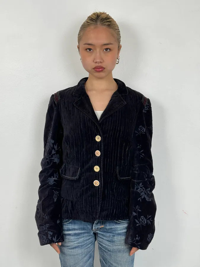 2000s Marithé + François Girbaud Navy Velvet Floral Blazer Jacket EBTyhAm 1