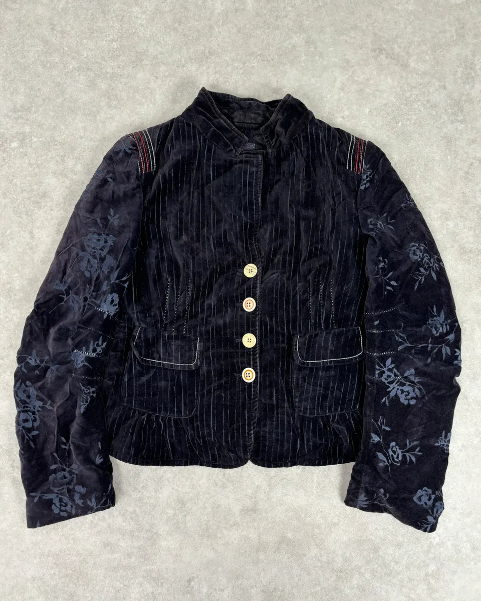 2000s Marithé + François Girbaud Navy Velvet Floral Blazer Jacket EBTyhAm 0