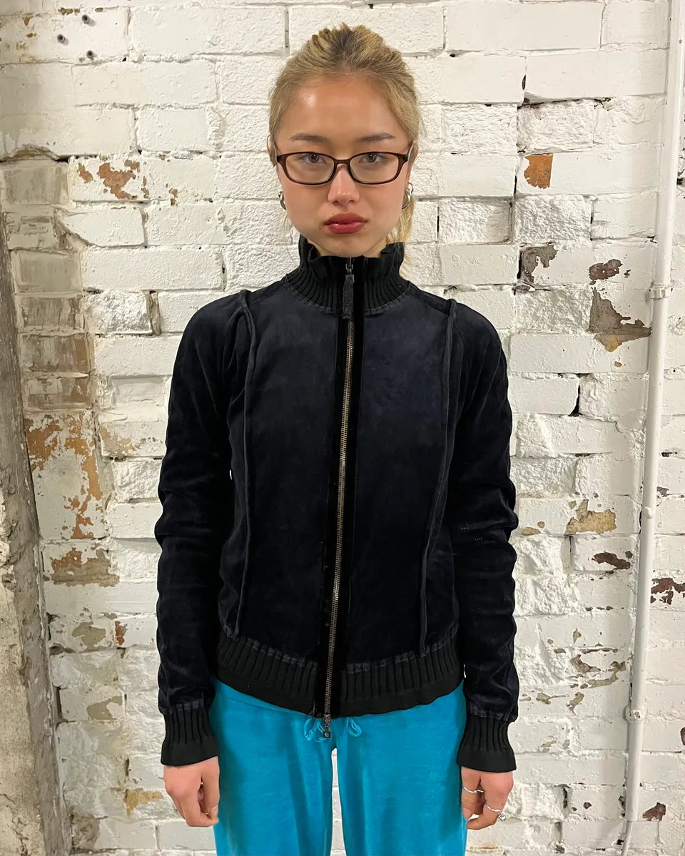 2000s Marithé + François Girbaud Navy Velvet Zip Up Sweater MPutWte 1