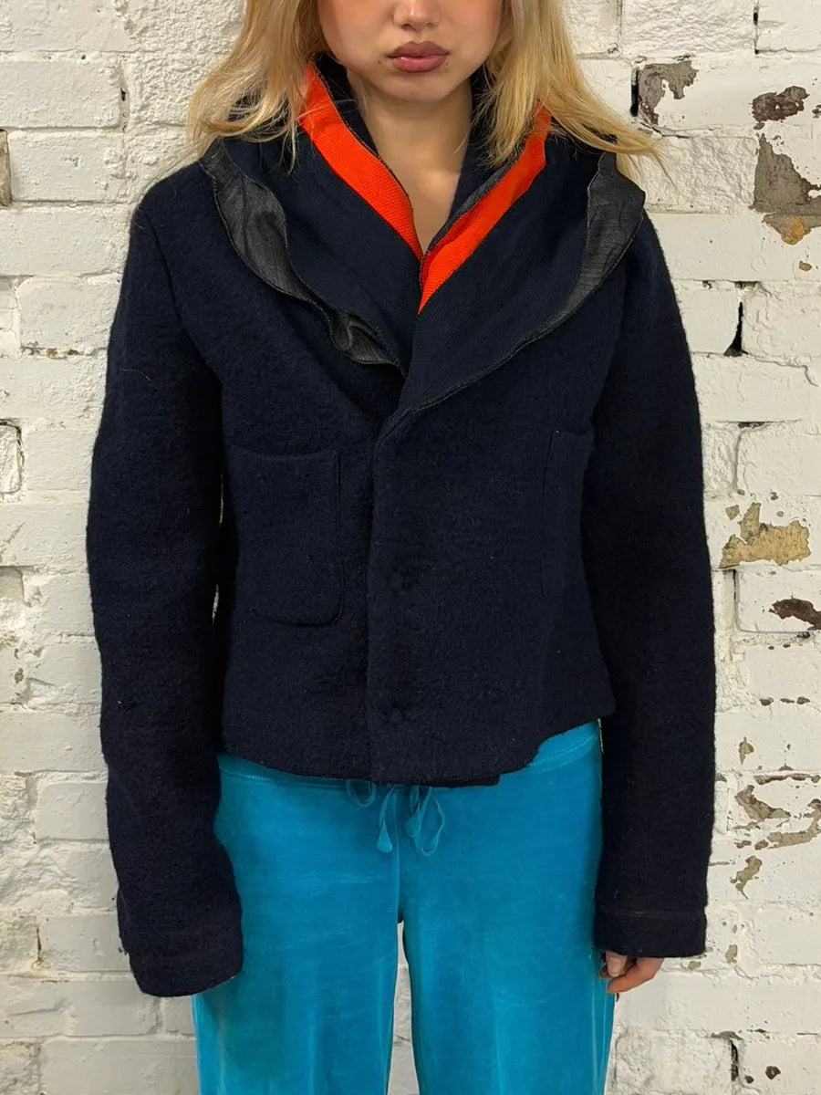 2000s Marithé + François Girbaud Navy Wool Buttoned Extra Collar Jacket PQdkJoM 0