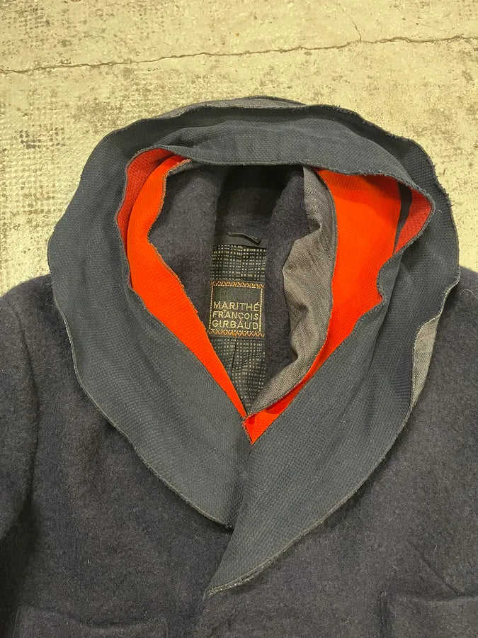 2000s Marithé + François Girbaud Navy Wool Buttoned Extra Collar Jacket PQdkJoM 5