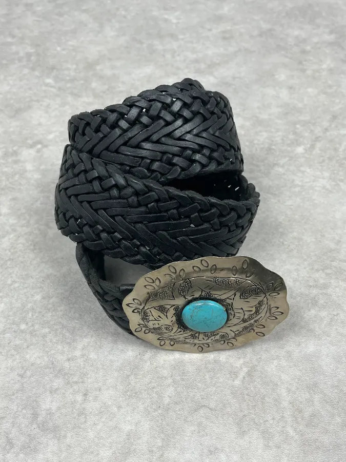 2000s Marithé + François Girbaud Ornament Buckle Black Woven Leather Belt OCYUcOt 2