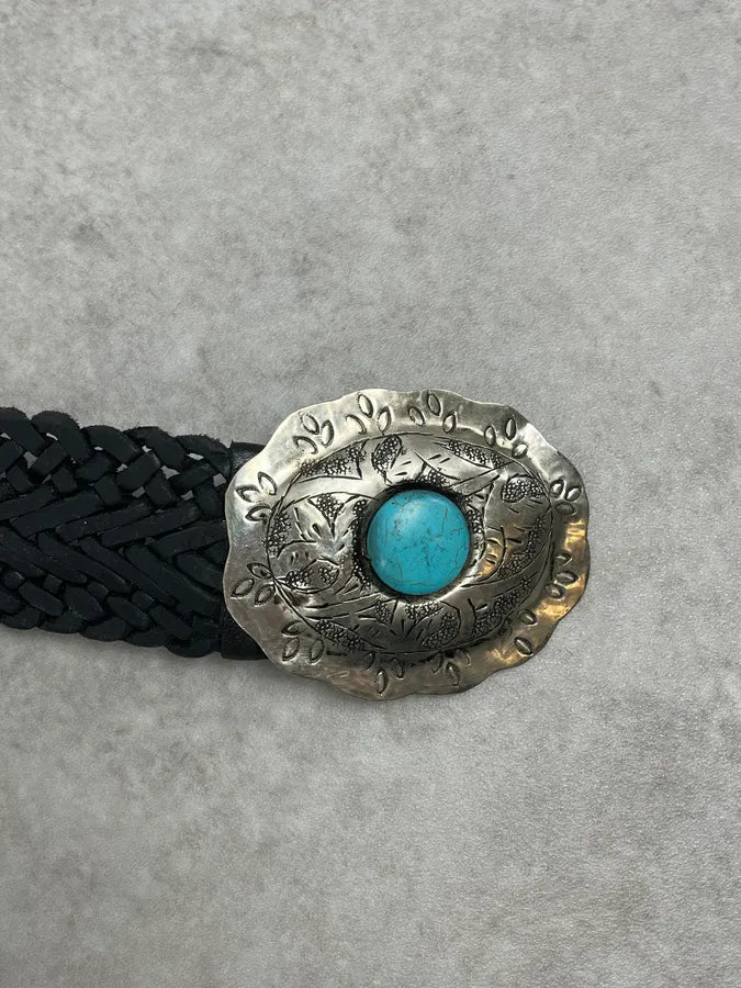 2000s Marithé + François Girbaud Ornament Buckle Black Woven Leather Belt OCYUcOt 5