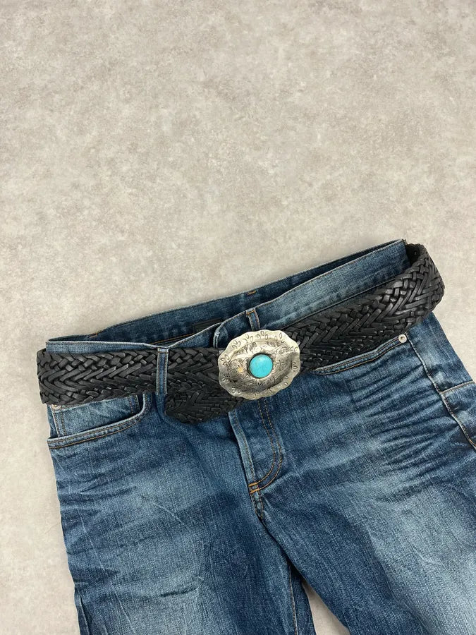 2000s Marithé + François Girbaud Ornament Buckle Black Woven Leather Belt OCYUcOt 1