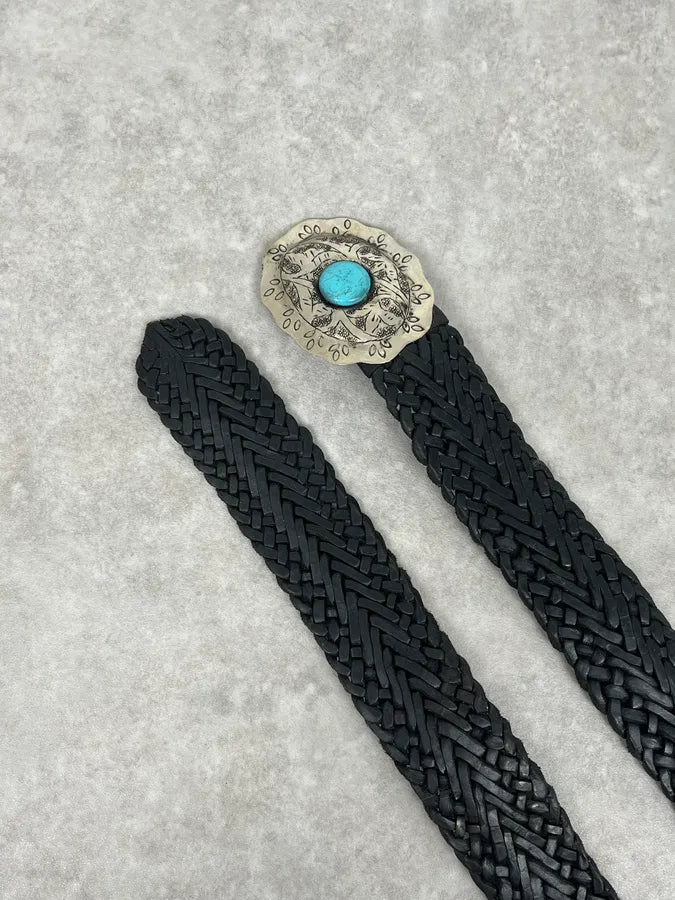 2000s Marithé + François Girbaud Ornament Buckle Black Woven Leather Belt OCYUcOt 3