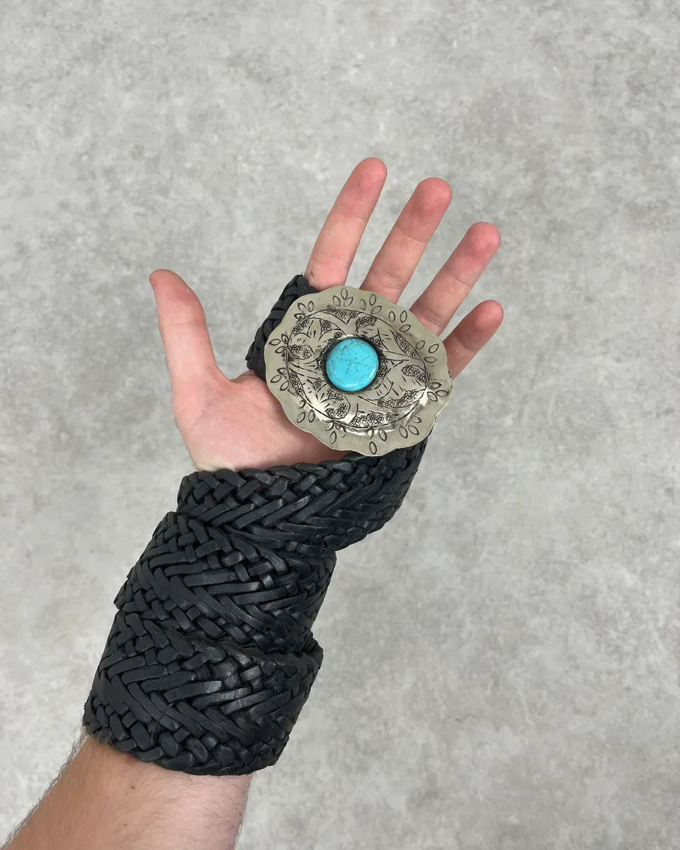 2000s Marithé + François Girbaud Ornament Buckle Black Woven Leather Belt OCYUcOt 0