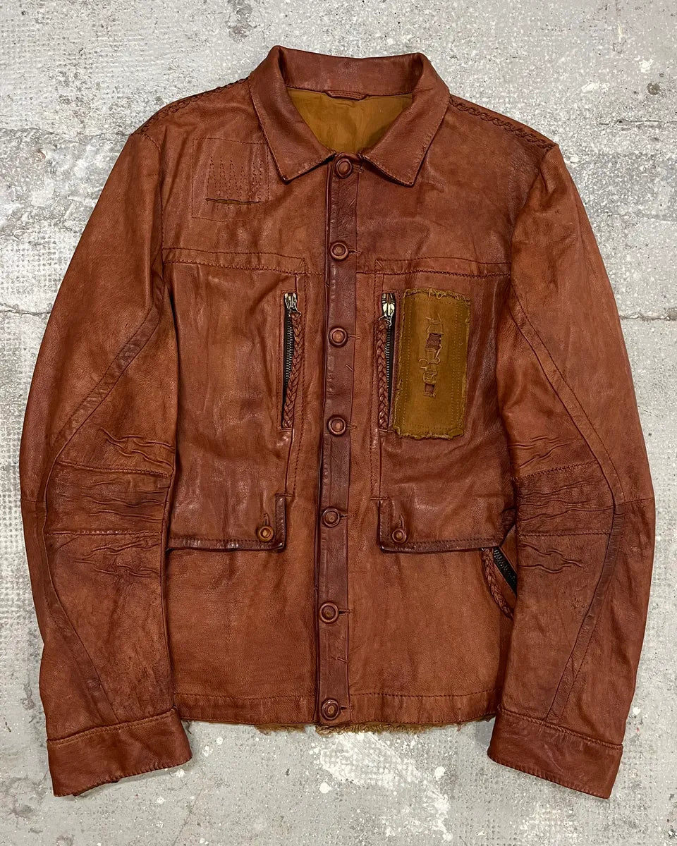 2000s Marithé + François Girbaud Red Destructured Patchwork Leather Artisanal Jacket (M/L) 0