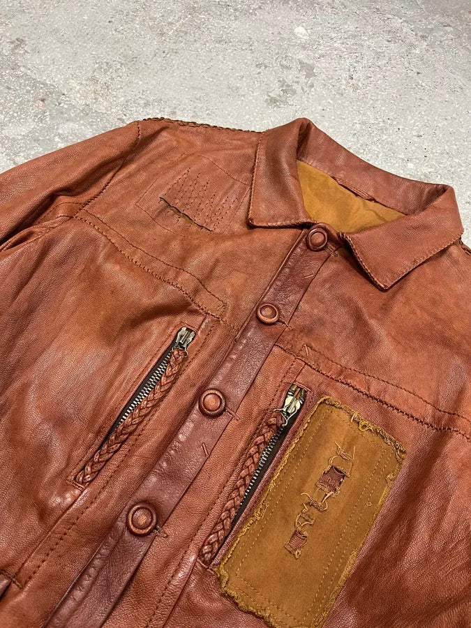 2000s Marithé + François Girbaud Red Destructured Patchwork Leather Artisanal Jacket (M/L) 1