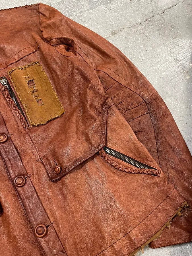 2000s Marithé + François Girbaud Red Destructured Patchwork Leather Artisanal Jacket (M/L) 2