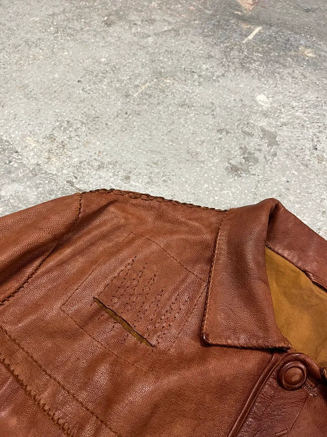 2000s Marithé + François Girbaud Red Destructured Patchwork Leather Artisanal Jacket (M/L) 5