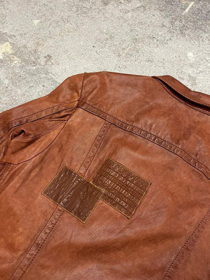 2000s Marithé + François Girbaud Red Destructured Patchwork Leather Artisanal Jacket (M/L) 7