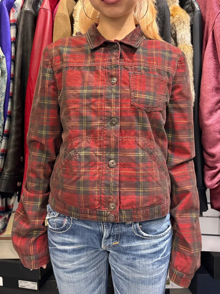2000s Marithé + François Girbaud Red Tartan Velvet Buttoned Jacket XwwBrdC 1