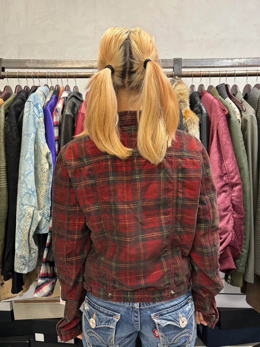 2000s Marithé + François Girbaud Red Tartan Velvet Buttoned Jacket XwwBrdC 3