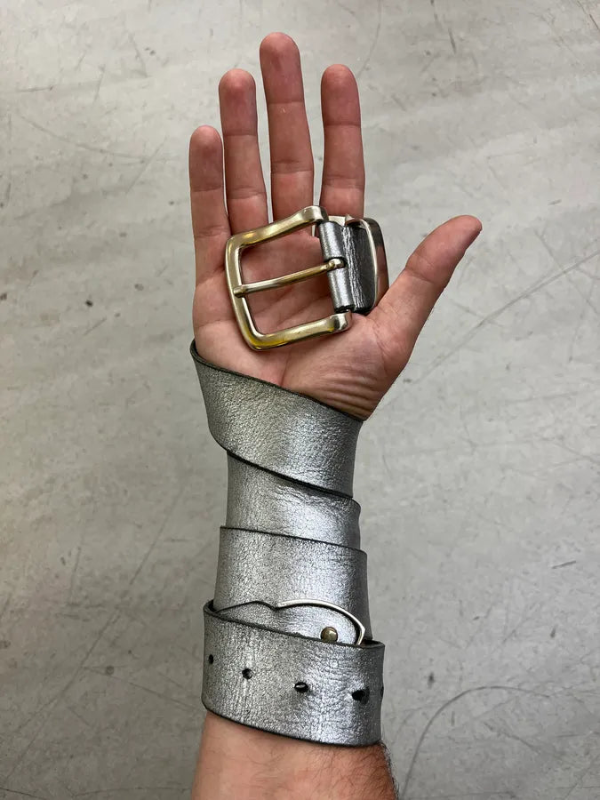 2000s Marithé + François Girbaud Silver Leather Metal Buckle Belt YATPZwj 0