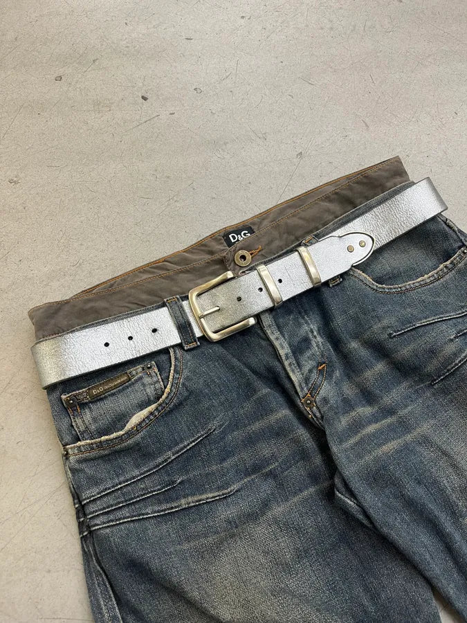 2000s Marithé + François Girbaud Silver Leather Metal Buckle Belt YATPZwj 1