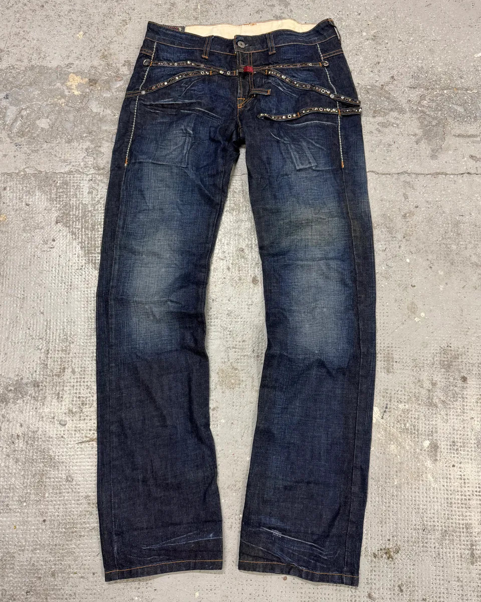 2000s Marithé + François Girbaud Stars Straps Army Blue Denim Jeans PByQpRd 0