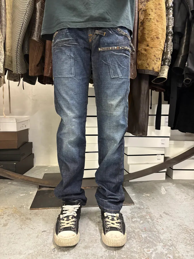 2000s Marithé + François Girbaud Stars Straps Army Blue Denim Jeans PByQpRd 1