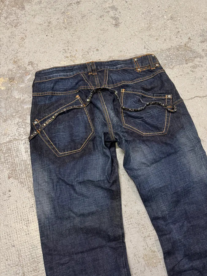 2000s Marithé + François Girbaud Stars Straps Army Blue Denim Jeans PByQpRd 12