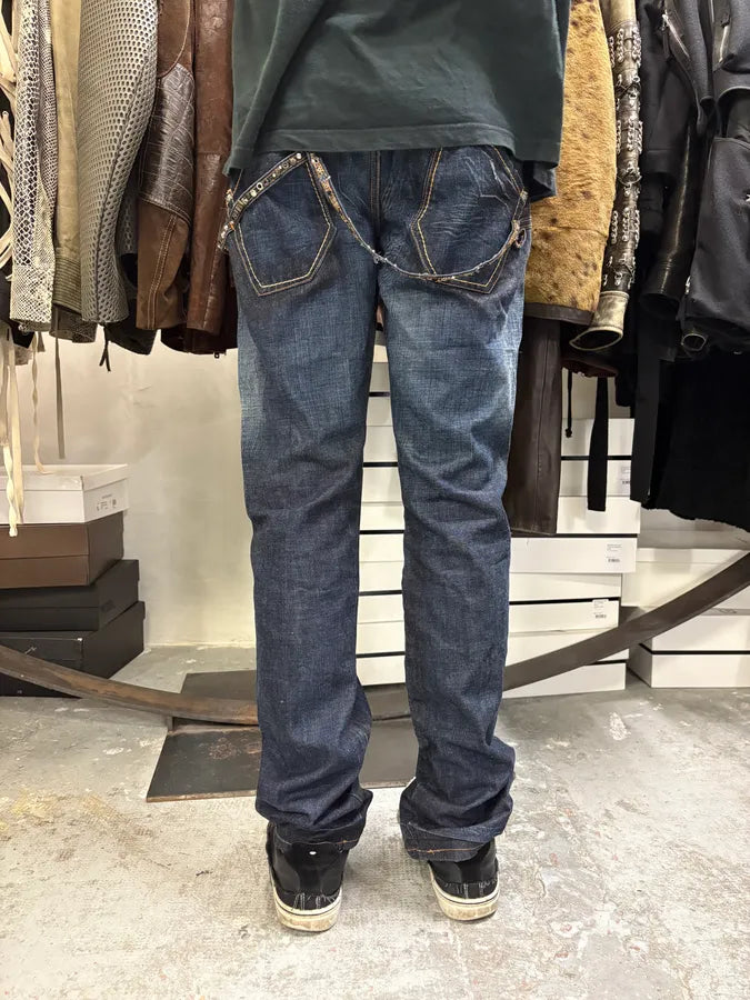 2000s Marithé + François Girbaud Stars Straps Army Blue Denim Jeans PByQpRd 2