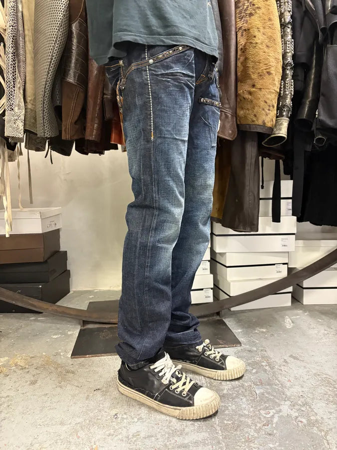 2000s Marithé + François Girbaud Stars Straps Army Blue Denim Jeans PByQpRd 3