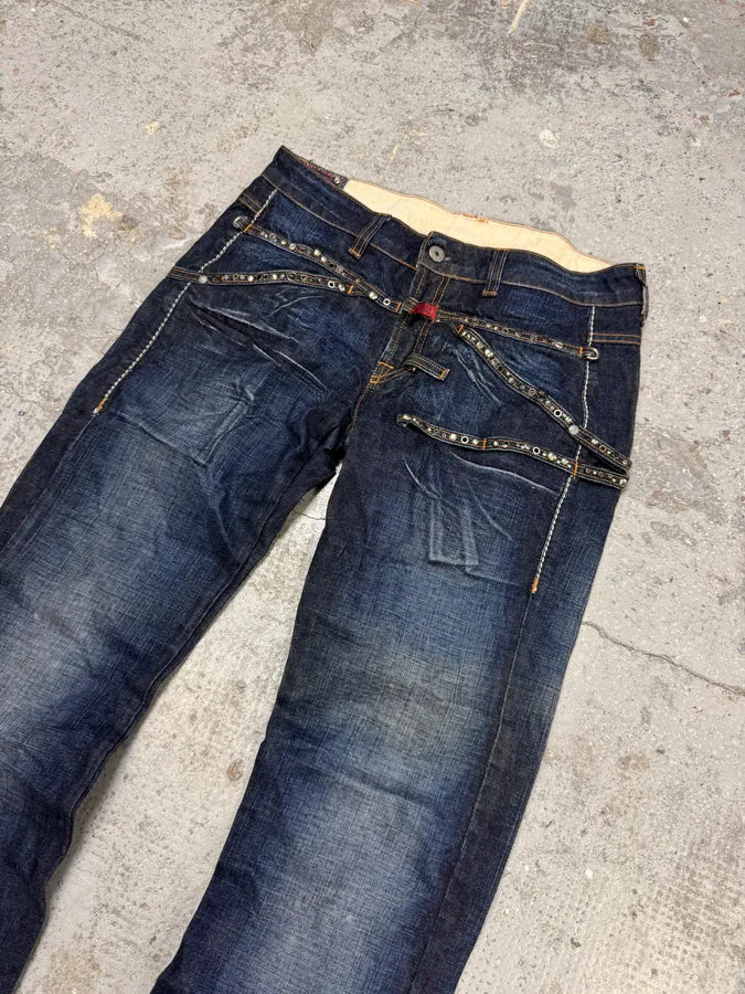 2000s Marithé + François Girbaud Stars Straps Army Blue Denim Jeans PByQpRd 4