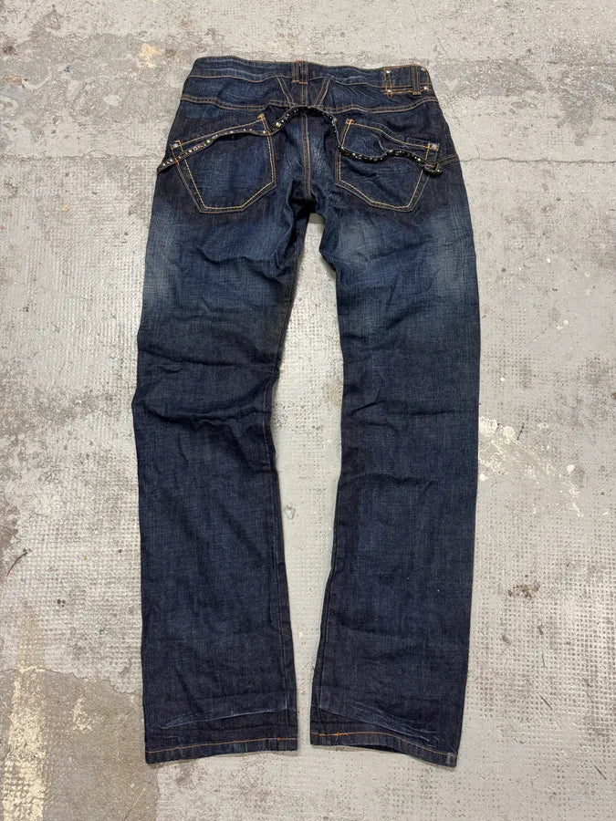 2000s Marithé + François Girbaud Stars Straps Army Blue Denim Jeans PByQpRd 5