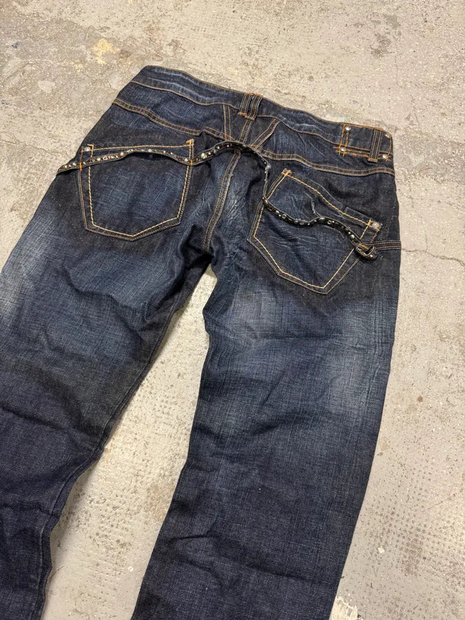 2000s Marithé + François Girbaud Stars Straps Army Blue Denim Jeans PByQpRd 7