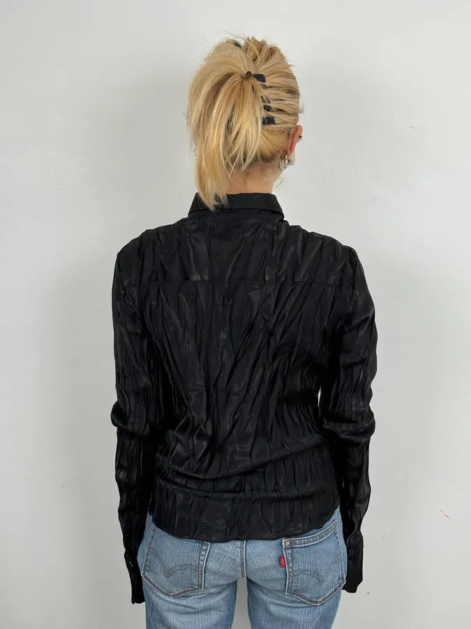2000s Marithé + François Girbaud Waxed Effect Plissed Black Shirt FdAGBsz 2