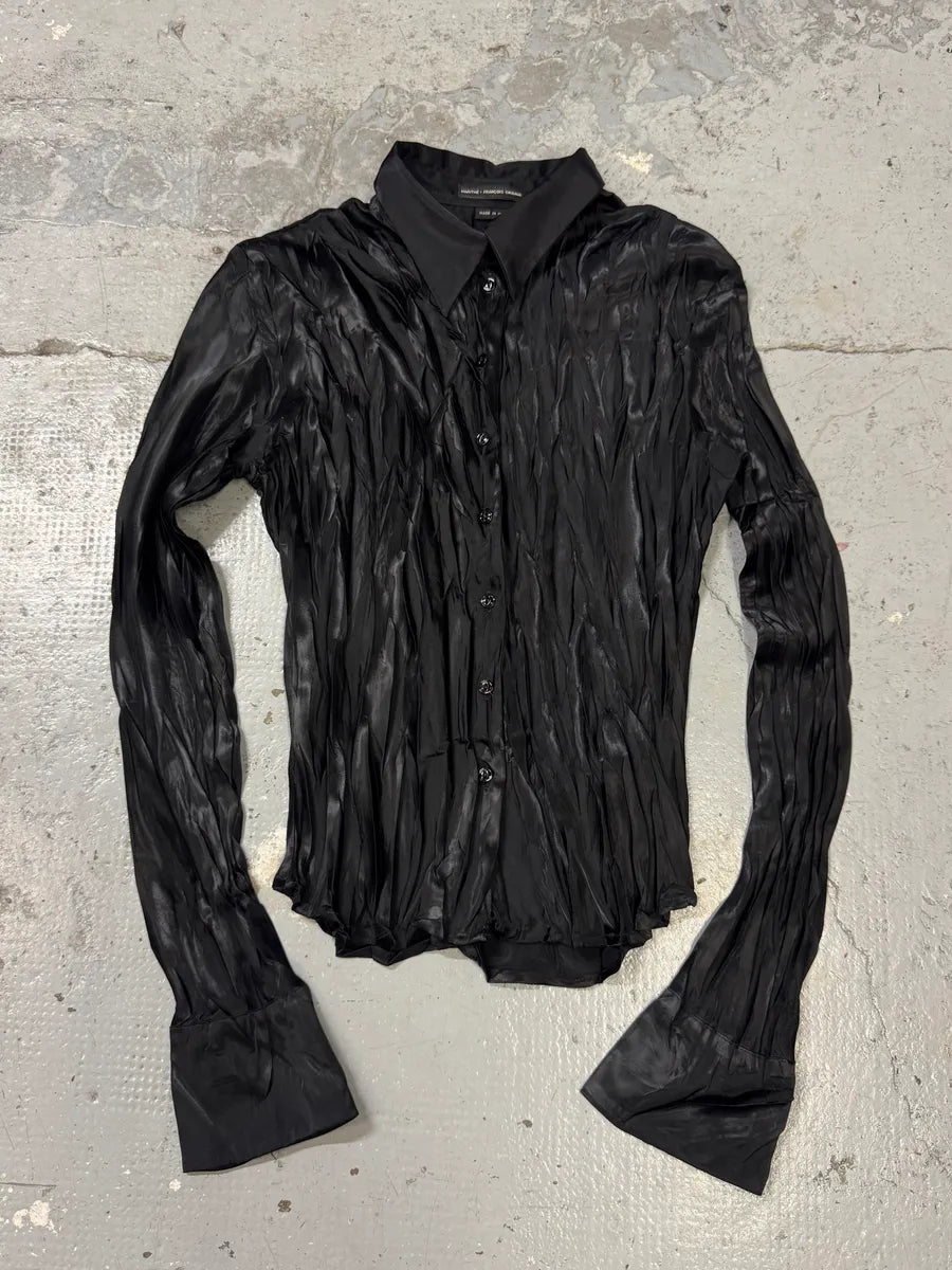 2000s Marithé + François Girbaud Waxed Effect Plissed Black Shirt FdAGBsz 0
