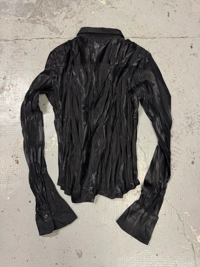 2000s Marithé + François Girbaud Waxed Effect Plissed Black Shirt FdAGBsz 3