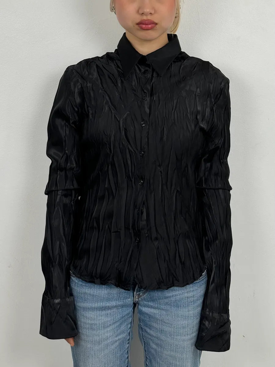 2000s Marithé + François Girbaud Waxed Effect Plissed Black Shirt FdAGBsz 1