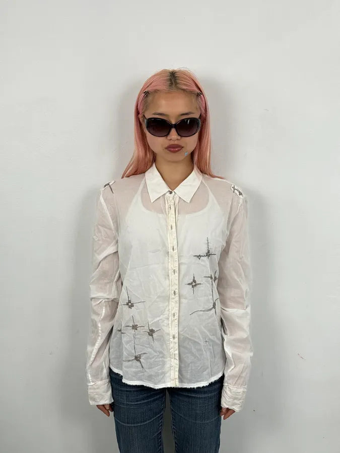 2000s Marithé + François Girbaud White Embroidered Stars Shirt UAVtJoK 1