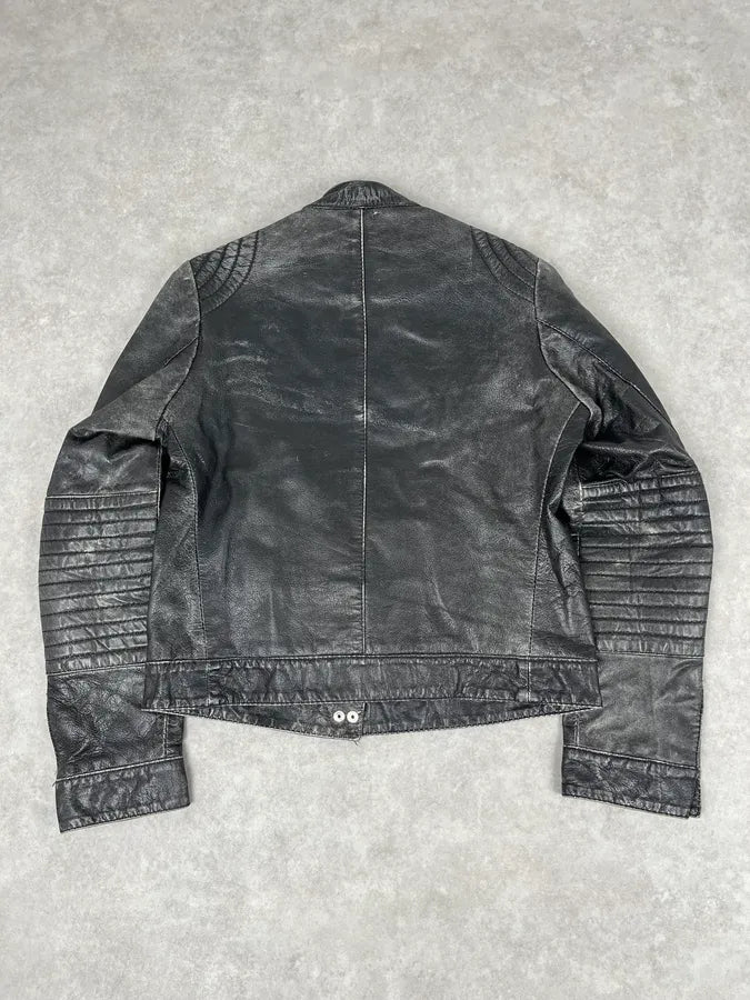 2000s Massimo Rebecchi Biker Black Eroded Leather Jacket vlCQMbf 5
