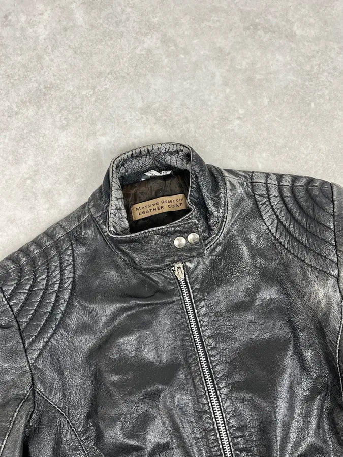 2000s Massimo Rebecchi Biker Black Eroded Leather Jacket vlCQMbf 3
