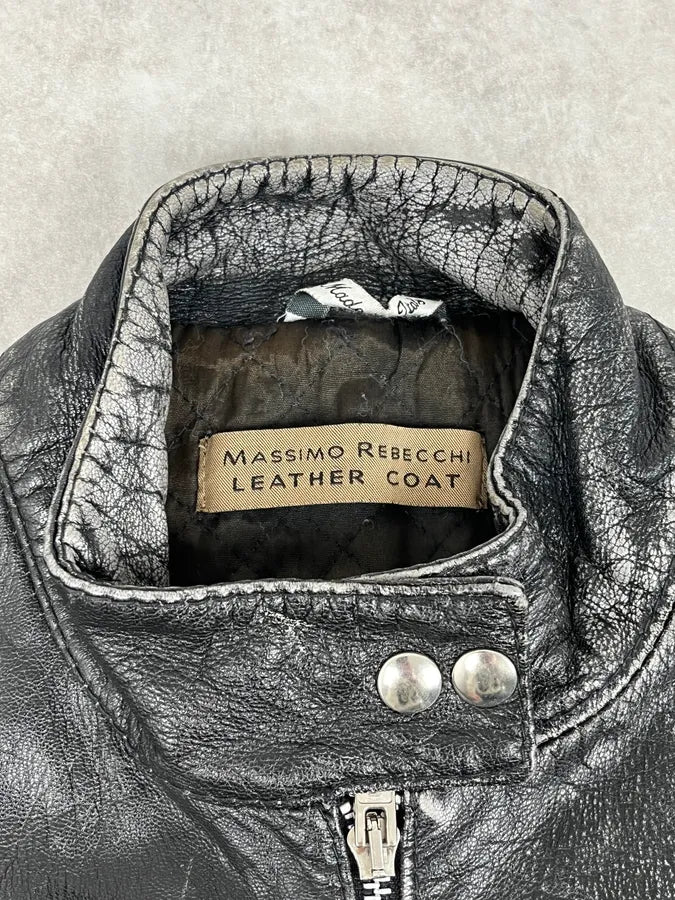 2000s Massimo Rebecchi Biker Black Eroded Leather Jacket vlCQMbf 7