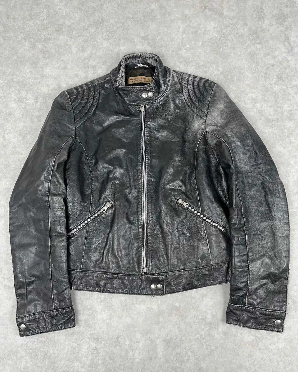 2000s Massimo Rebecchi Biker Black Eroded Leather Jacket vlCQMbf 0