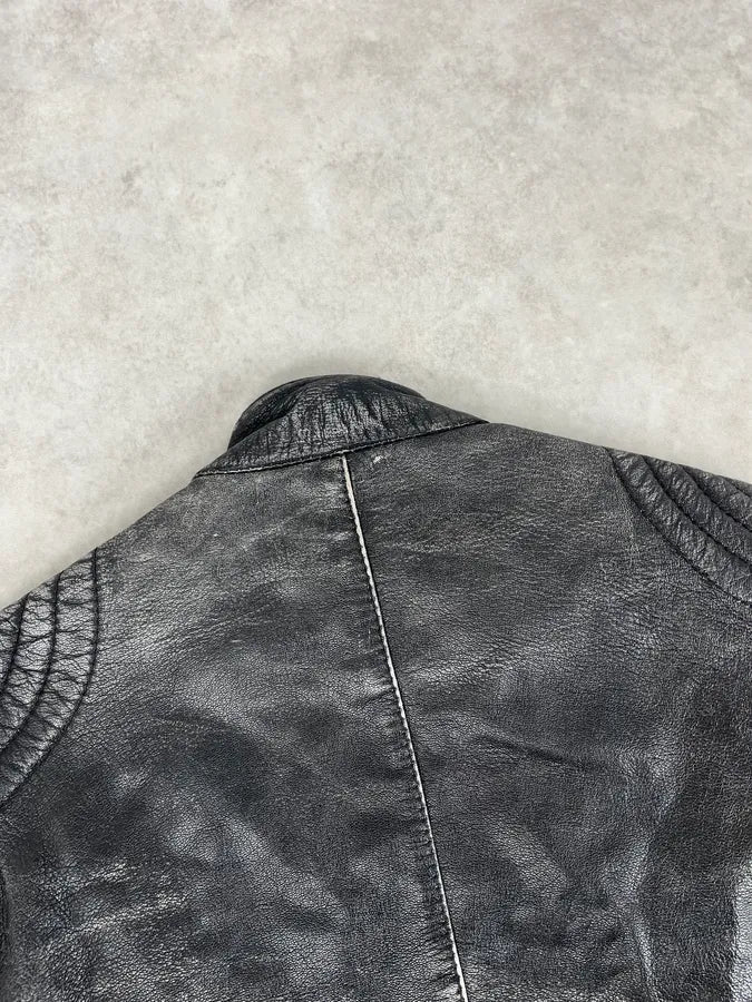2000s Massimo Rebecchi Biker Black Eroded Leather Jacket vlCQMbf 6