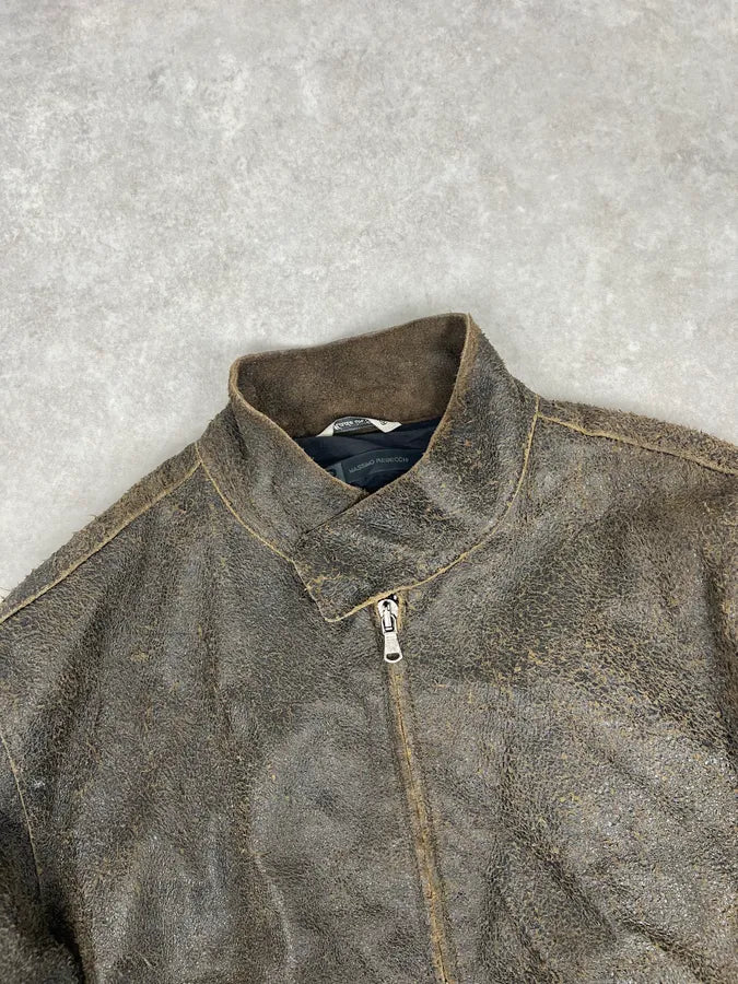 2000s Massimo Rebecchi Brown Eroded Biker Leather Jacket oDVJtjt 3