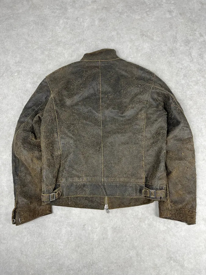 2000s Massimo Rebecchi Brown Eroded Biker Leather Jacket oDVJtjt 4