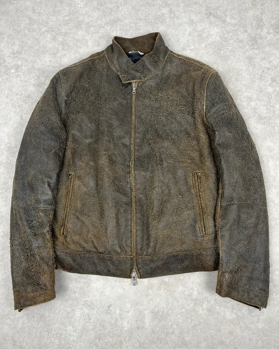 2000s Massimo Rebecchi Brown Eroded Biker Leather Jacket oDVJtjt 0