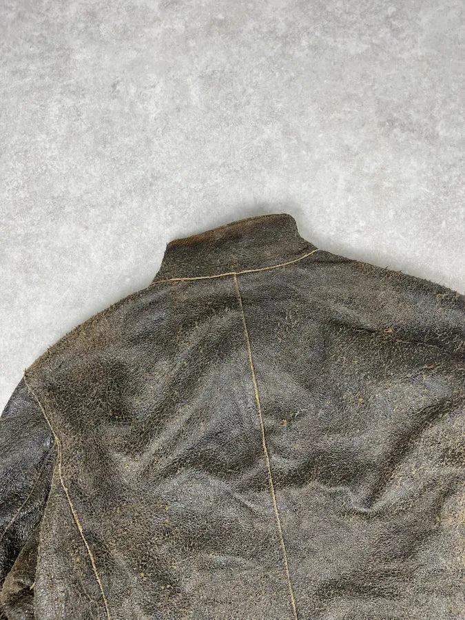 2000s Massimo Rebecchi Brown Eroded Biker Leather Jacket oDVJtjt 5
