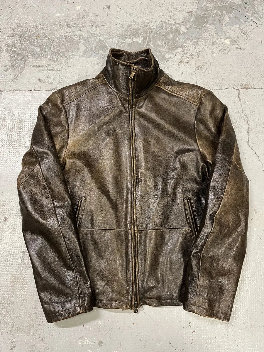 2000s Massimo Rebecchi Raw Aged Brown Leather Jacket BbCDBDC 0