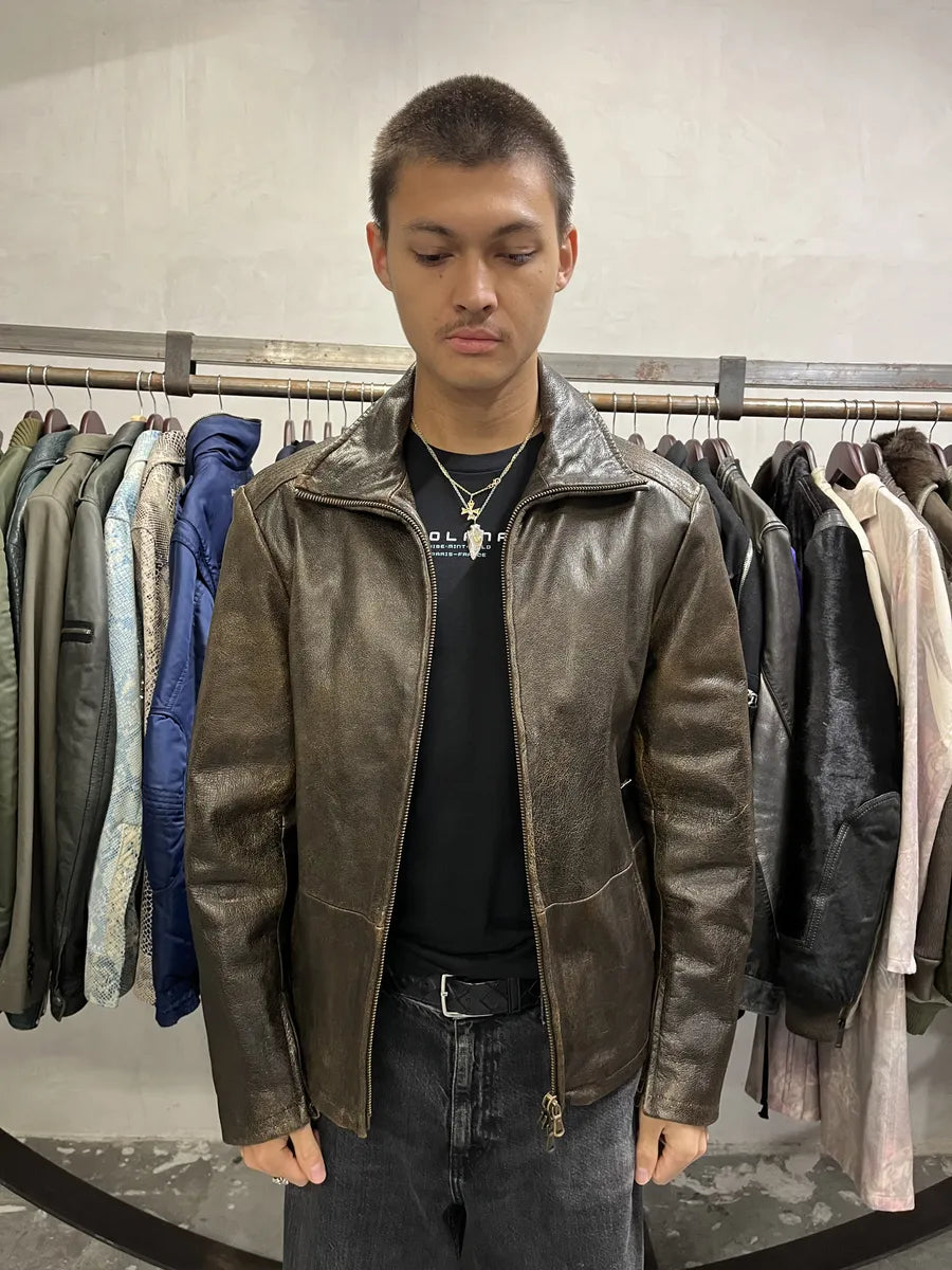 2000s Massimo Rebecchi Raw Aged Brown Leather Jacket BbCDBDC 1