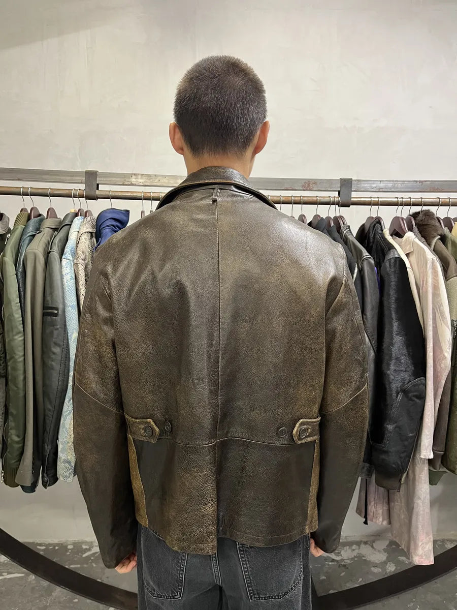2000s Massimo Rebecchi Raw Aged Brown Leather Jacket BbCDBDC 2