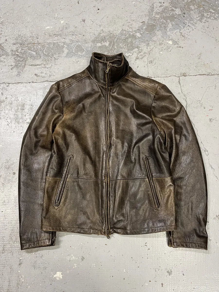 2000s Massimo Rebecchi Raw Aged Brown Leather Jacket BbCDBDC 4