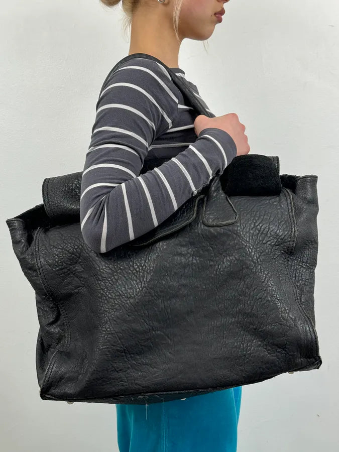 2000s Massimo Rebecchi Raw Black Leather Handle Bag YxnHRcy 1