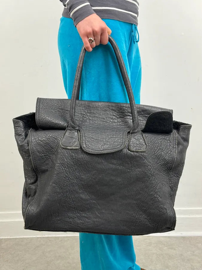 2000s Massimo Rebecchi Raw Black Leather Handle Bag YxnHRcy 2